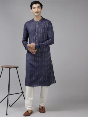 Men's Blue & Beige Woven Design Thread Work Kurta With Pyjama - See Designs