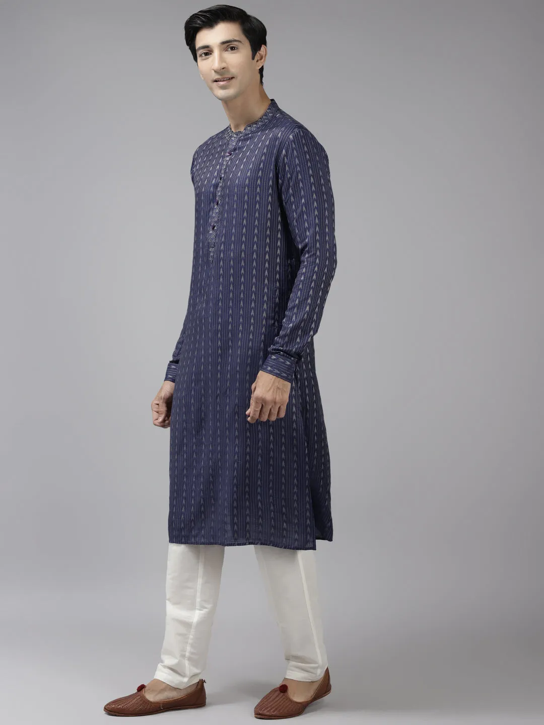 Men's Blue & Beige Woven Design Thread Work Kurta With Pyjama - See Designs