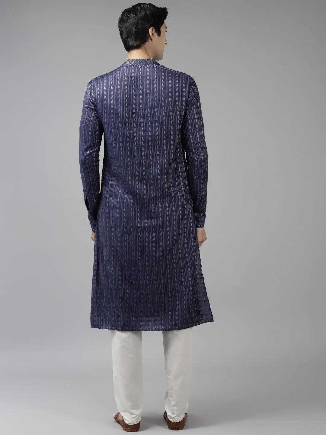 Men's Blue & Beige Woven Design Thread Work Kurta With Pyjama - See Designs