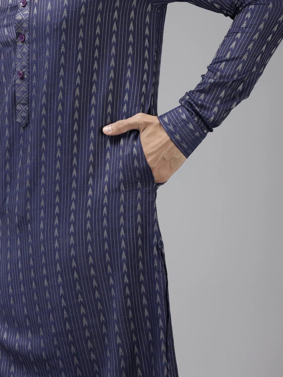 Men's Blue & Beige Woven Design Thread Work Kurta With Pyjama - See Designs