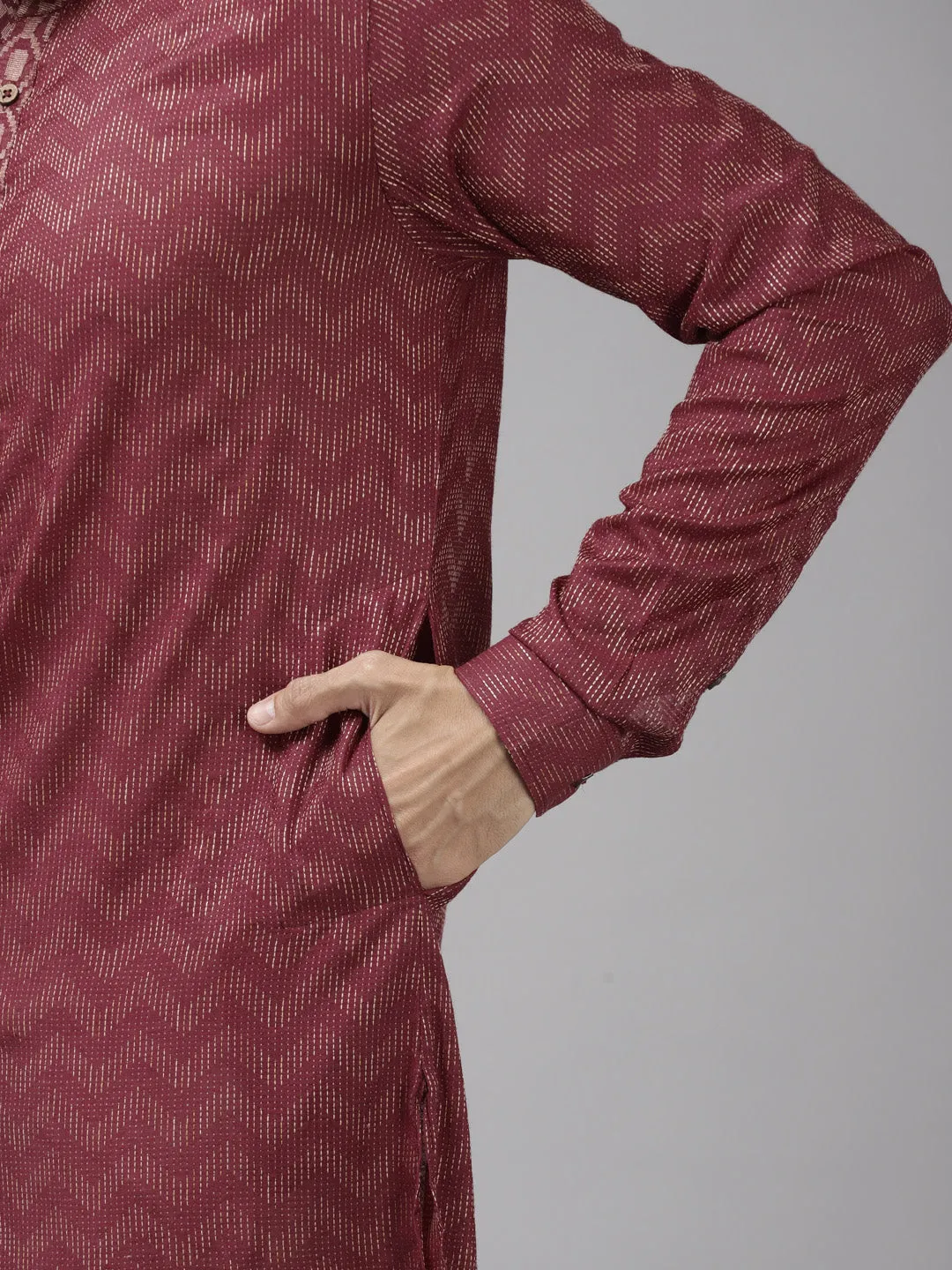 Men's Burgundy & Beige Woven Design Thread Work Kurta With Pyjama - See Designs