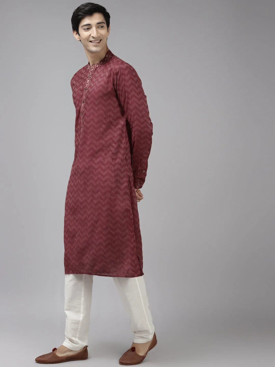 Men's Burgundy & Beige Woven Design Thread Work Kurta With Pyjama - See Designs