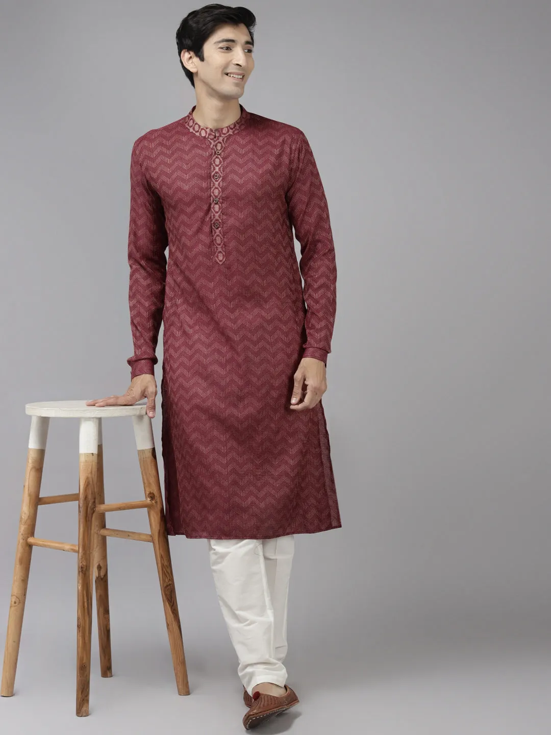 Men's Burgundy & Beige Woven Design Thread Work Kurta With Pyjama - See Designs