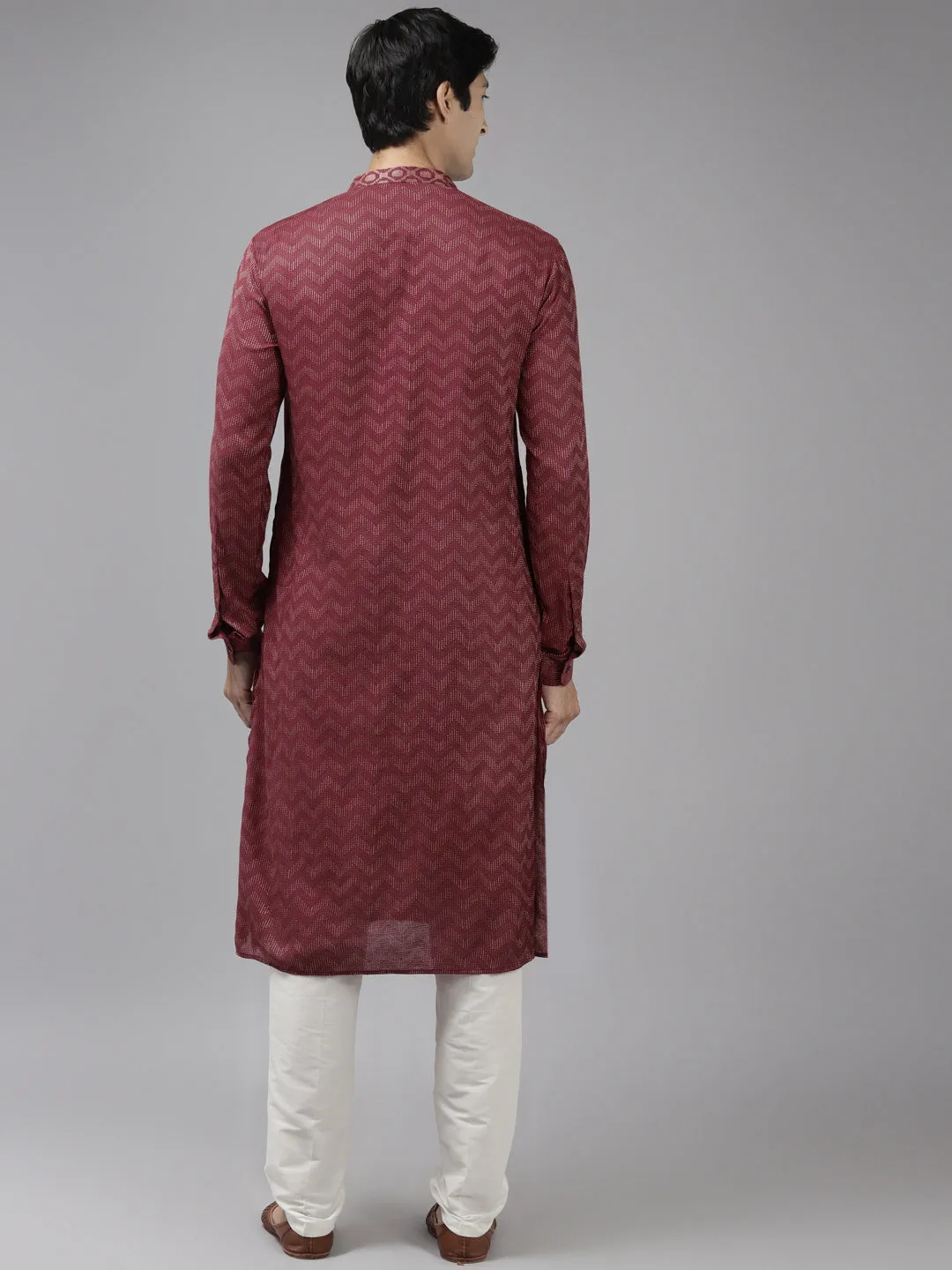 Men's Burgundy & Beige Woven Design Thread Work Kurta With Pyjama - See Designs