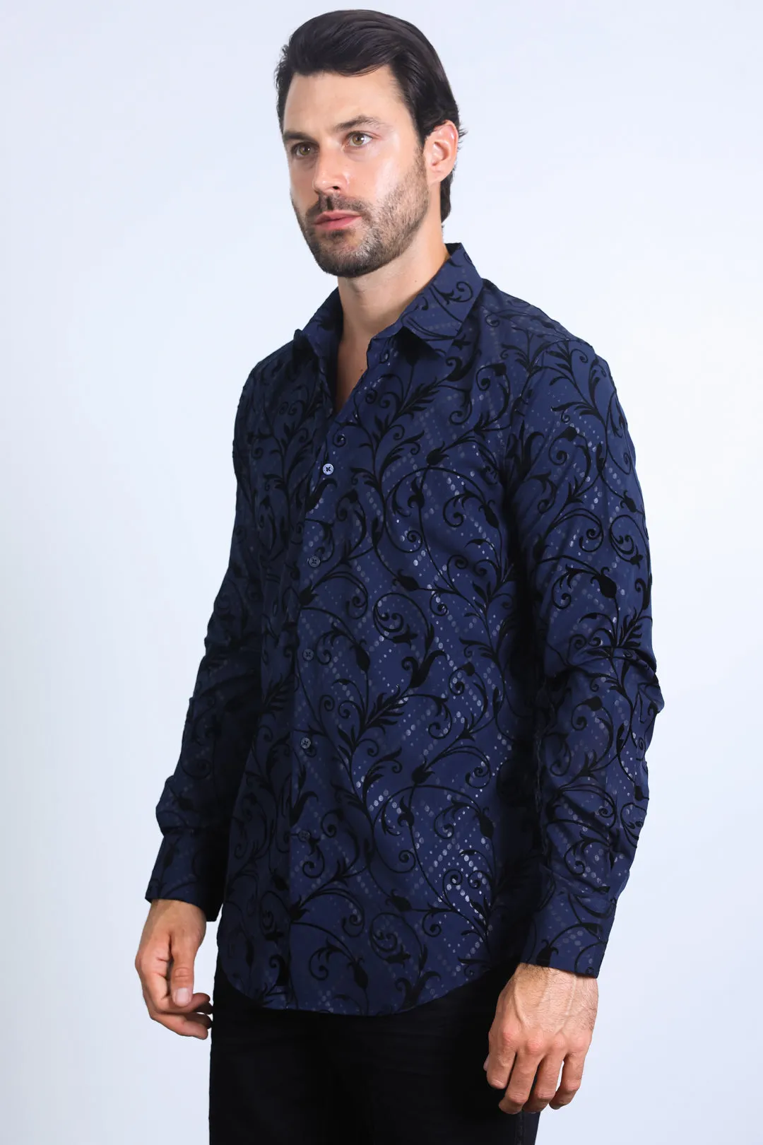 Men's Floral Flocked Modern Fit Spandex Navy Shirt