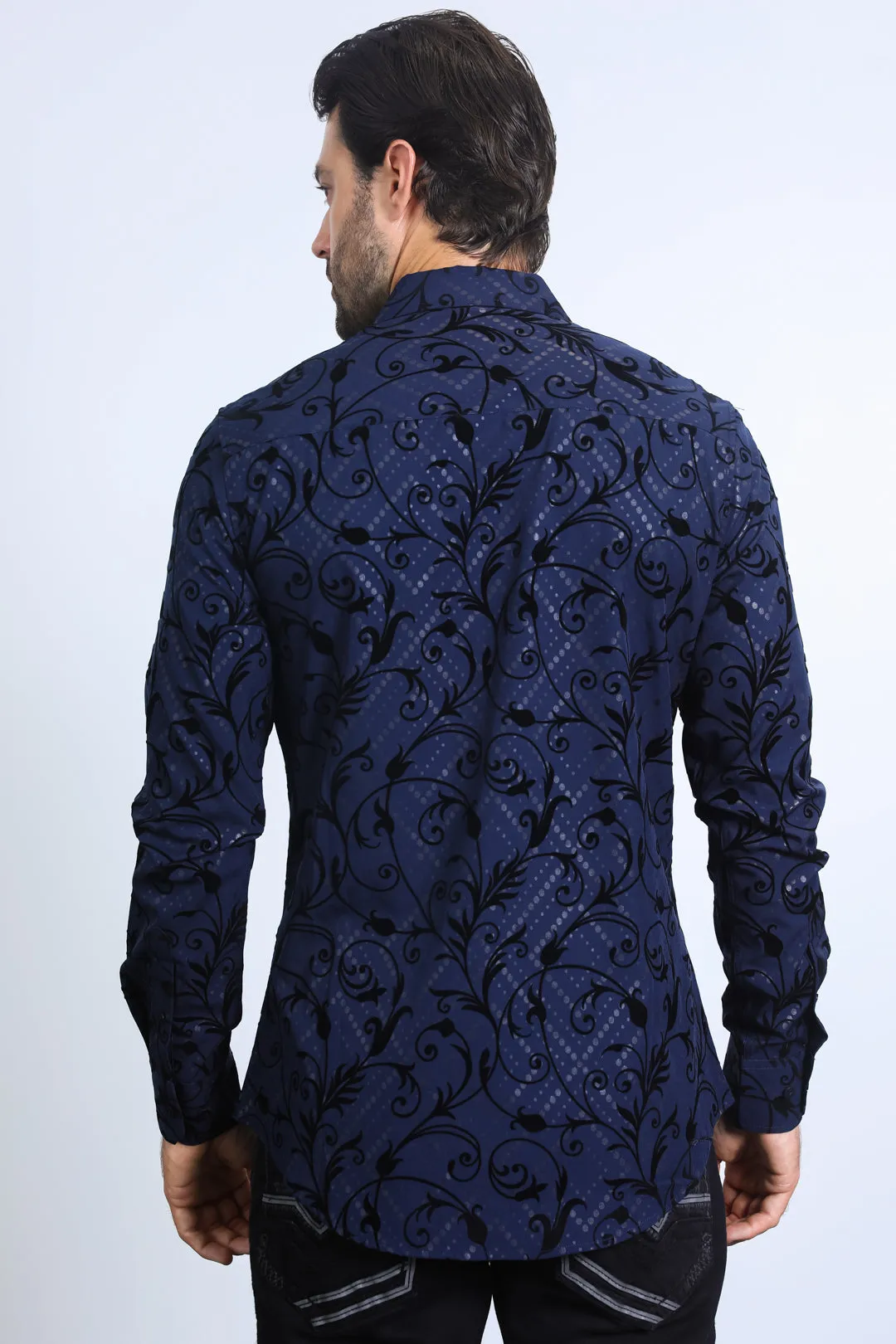 Men's Floral Flocked Modern Fit Spandex Navy Shirt