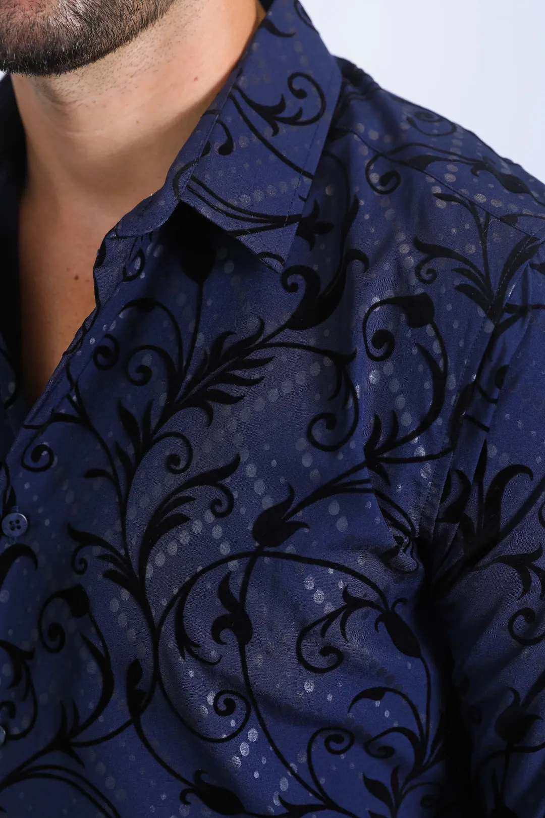 Men's Floral Flocked Modern Fit Spandex Navy Shirt