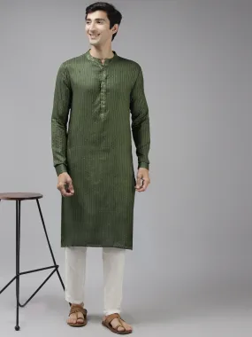 Men's Green & Beige Woven Design Thread Work Kurta With Pyjama - See Designs