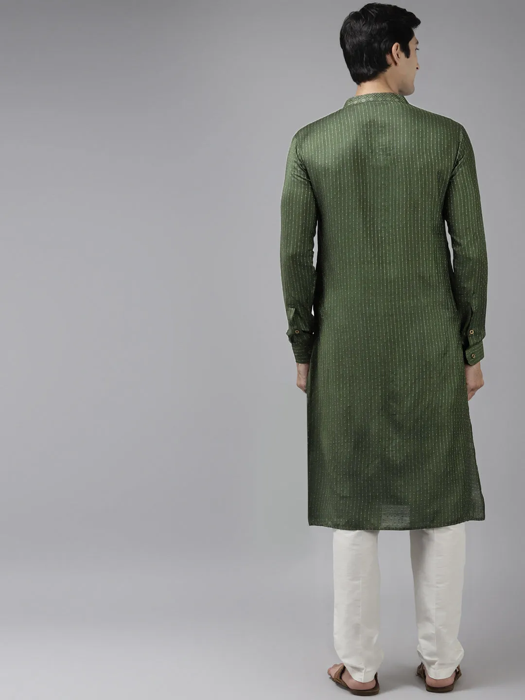 Men's Green & Beige Woven Design Thread Work Kurta With Pyjama - See Designs