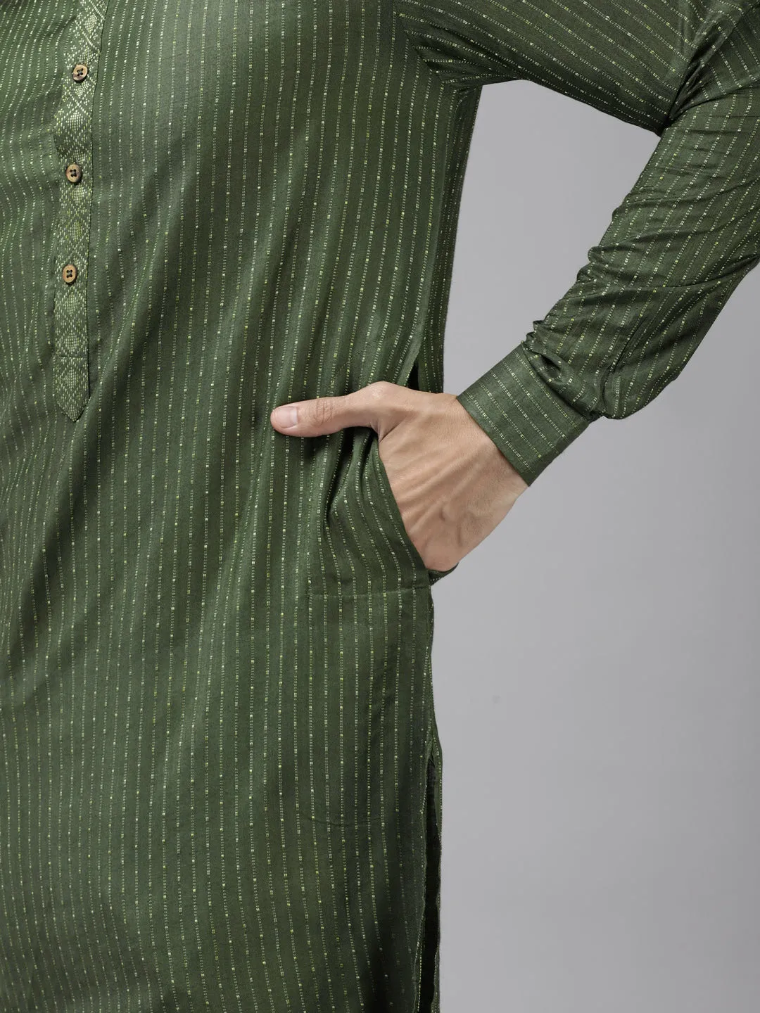 Men's Green & Beige Woven Design Thread Work Kurta With Pyjama - See Designs