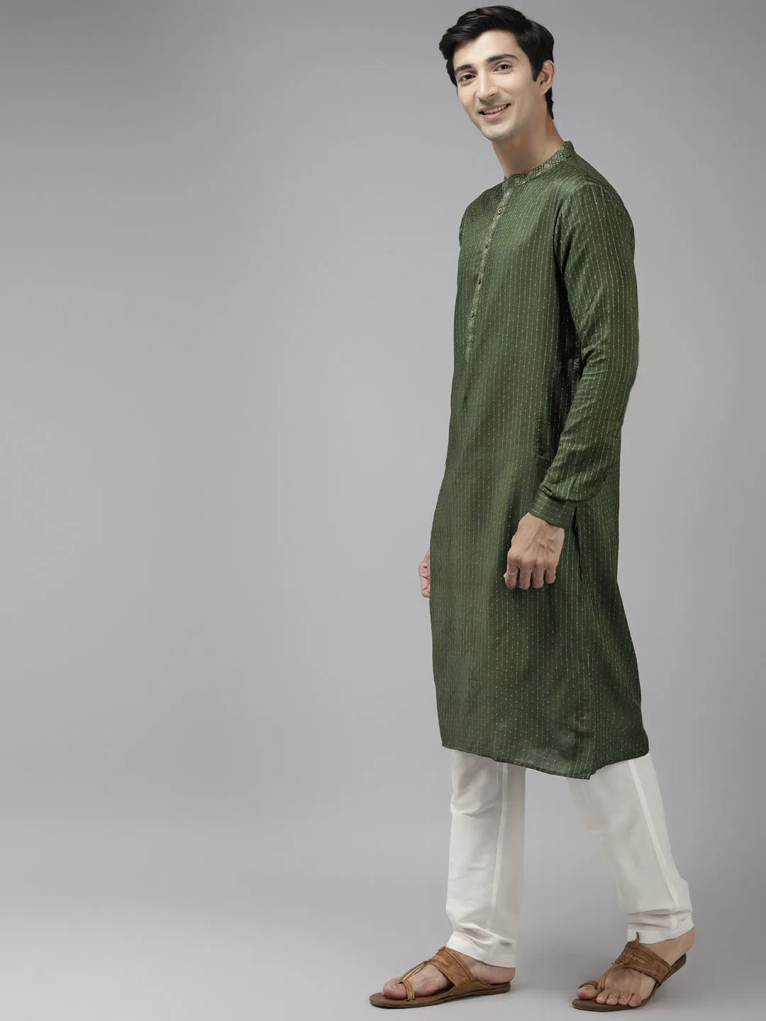 Men's Green & Beige Woven Design Thread Work Kurta With Pyjama - See Designs