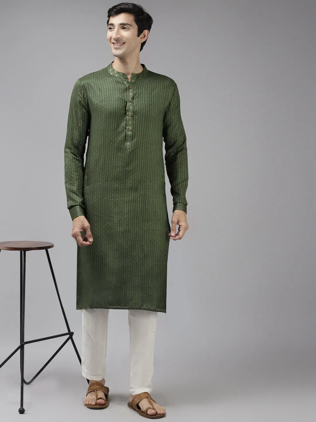 Men's Green & Beige Woven Design Thread Work Kurta With Pyjama - See Designs