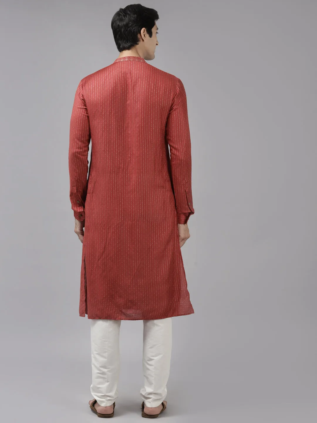 Men's Maroon & Beige Woven Design Thread Work Kurta With Pyjama - See Designs