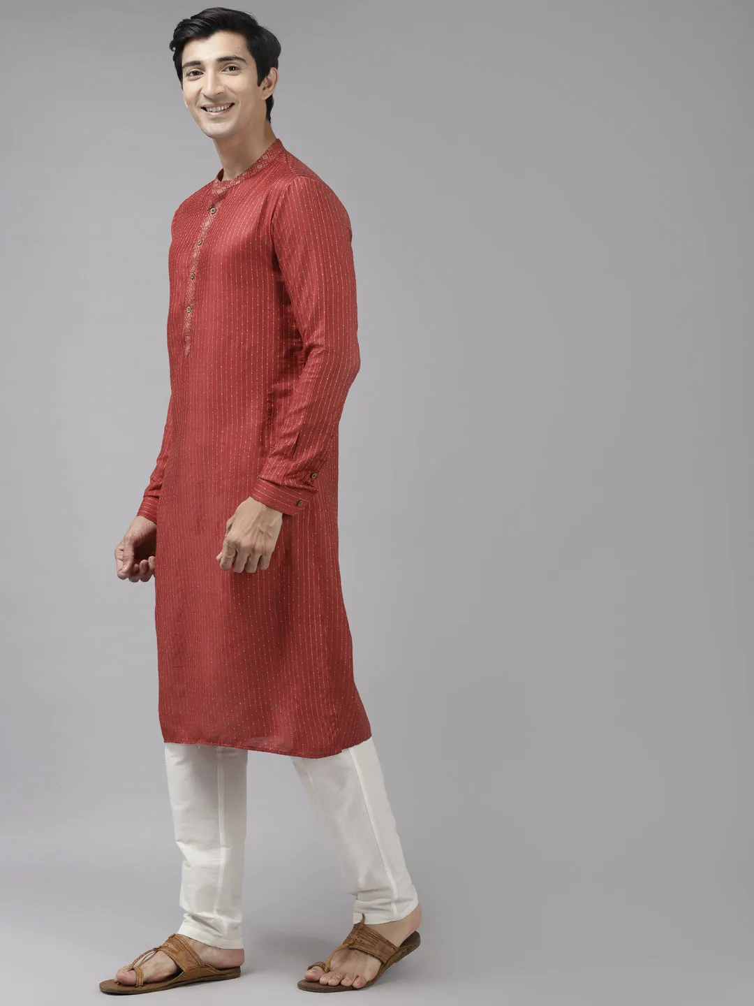 Men's Maroon & Beige Woven Design Thread Work Kurta With Pyjama - See Designs