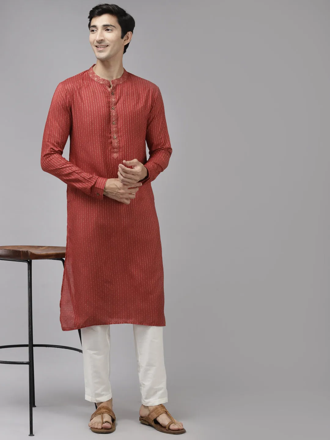 Men's Maroon & Beige Woven Design Thread Work Kurta With Pyjama - See Designs