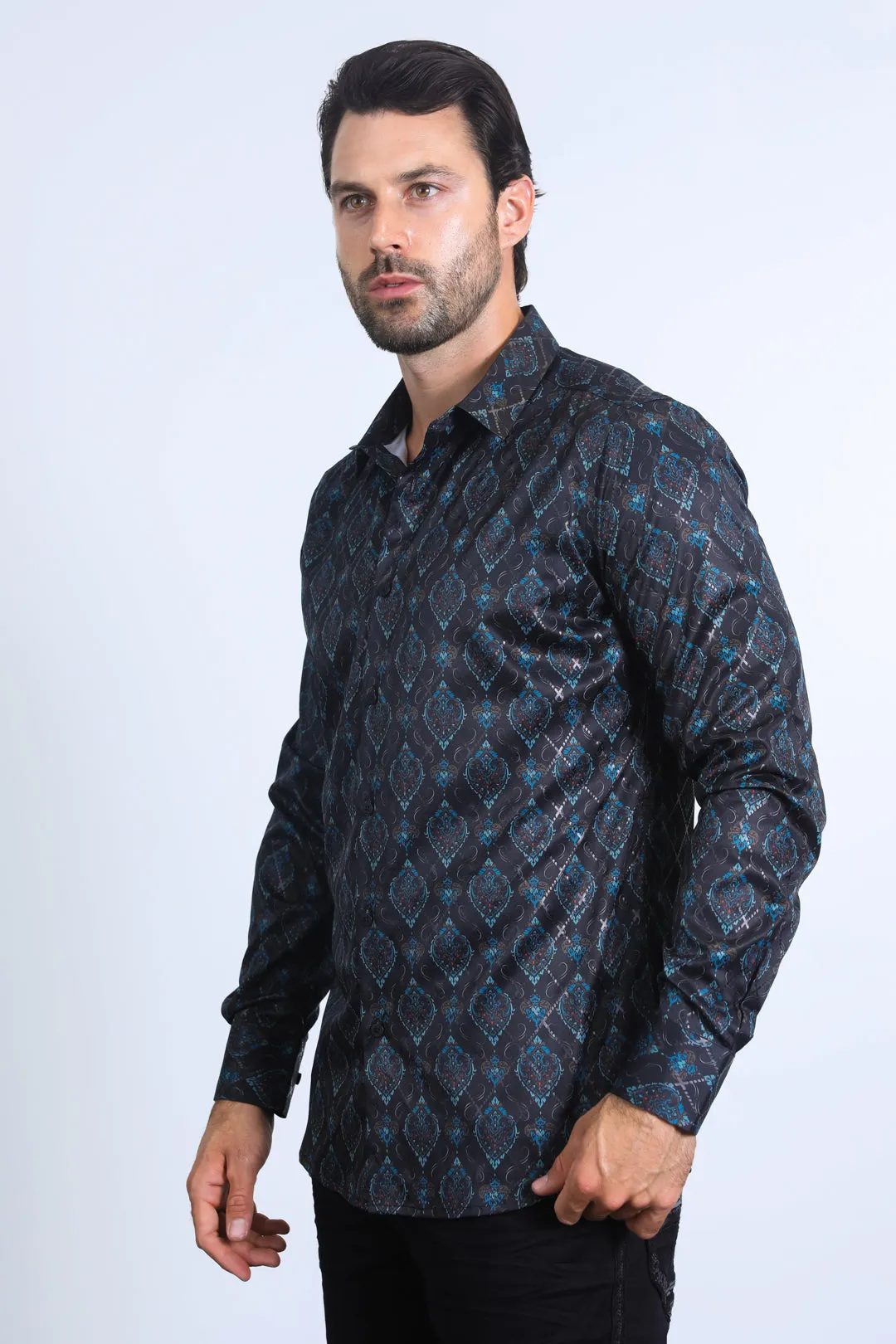 Mens Modern Fit Stretch Foil Fashion Black/Black Shirt