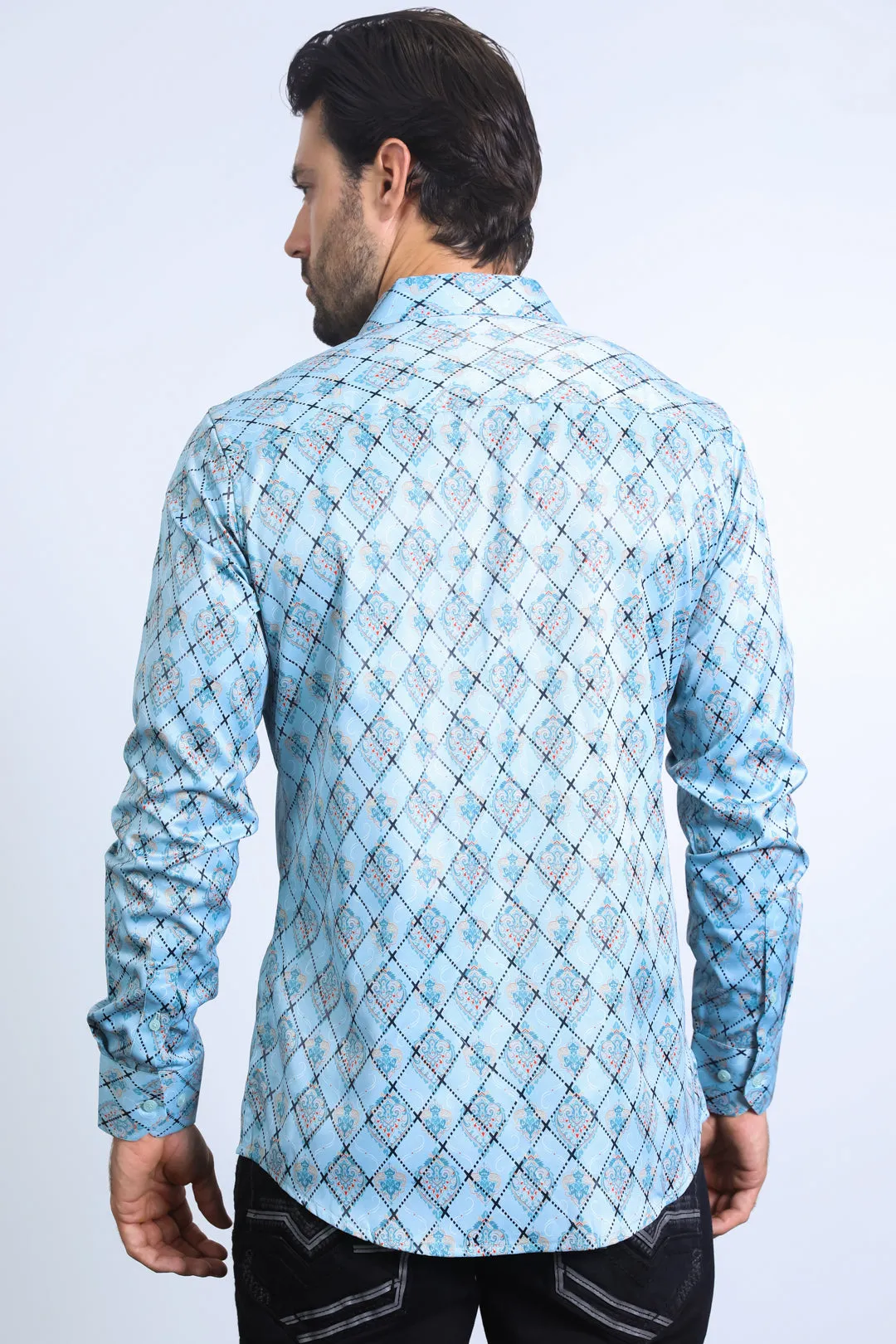 Mens Modern Fit Stretch Foil Fashion Blue Shirt