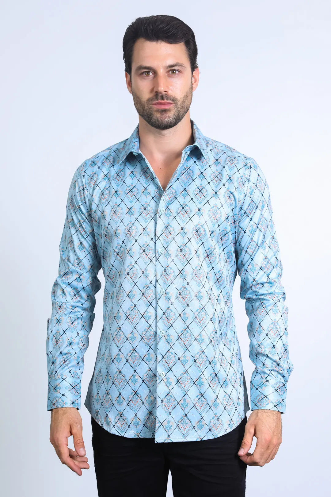 Mens Modern Fit Stretch Foil Fashion Blue Shirt