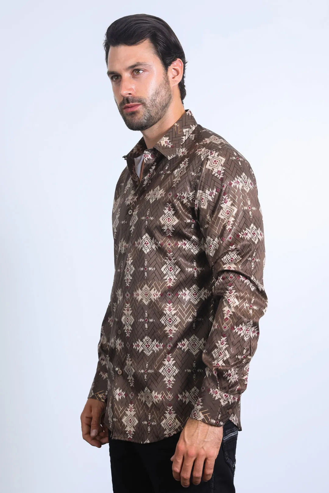 Mens Modern Fit Stretch Foil Fashion Brown Shirt