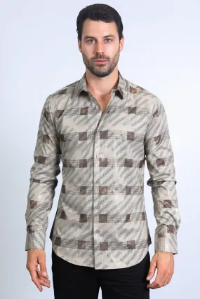 Mens Modern Fit Stretch Foil Fashion Khaki Shirt