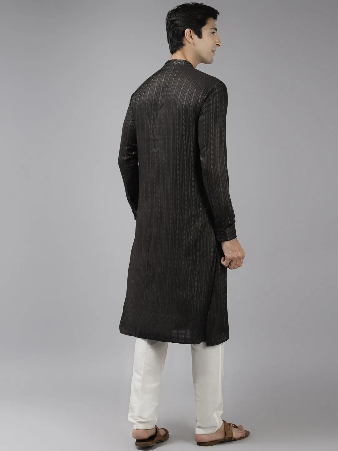 Men's Olive & Beige Woven Design Thread Work Kurta With Pyjama - See Designs