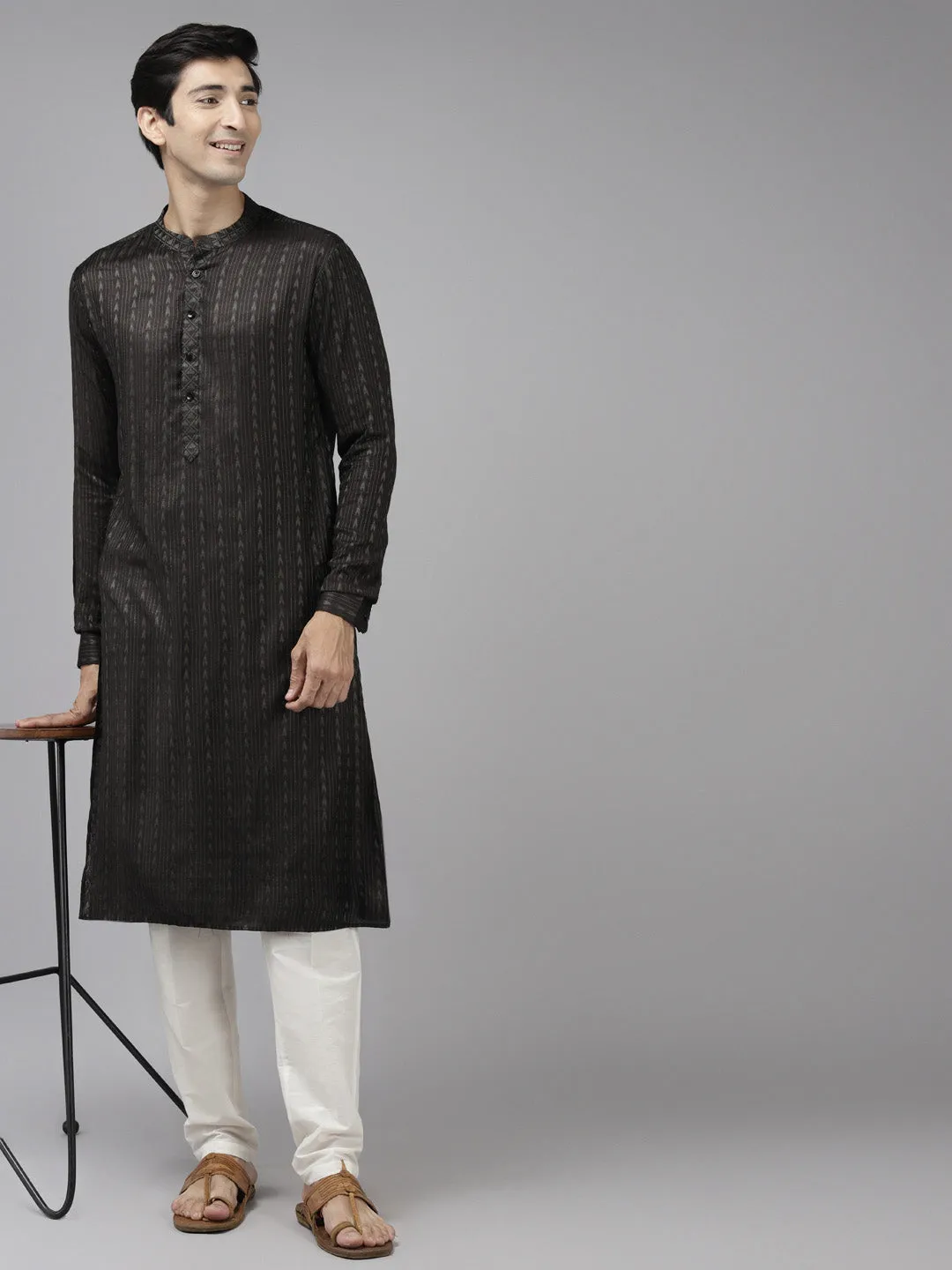 Men's Olive & Beige Woven Design Thread Work Kurta With Pyjama - See Designs