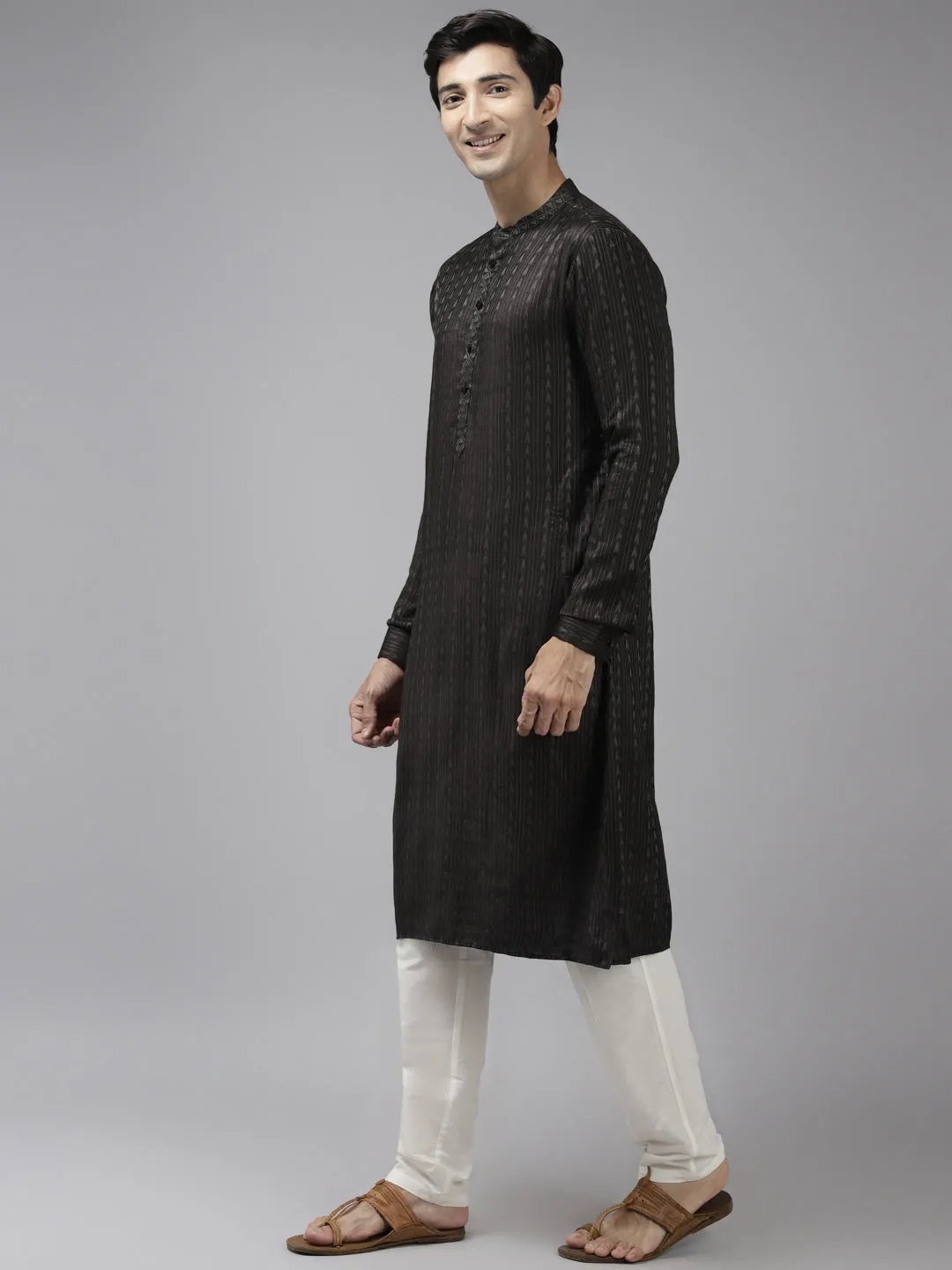 Men's Olive & Beige Woven Design Thread Work Kurta With Pyjama - See Designs