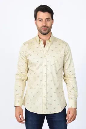 Mens Satin Cotton Modern Fit Beige Long Sleeve Shirt