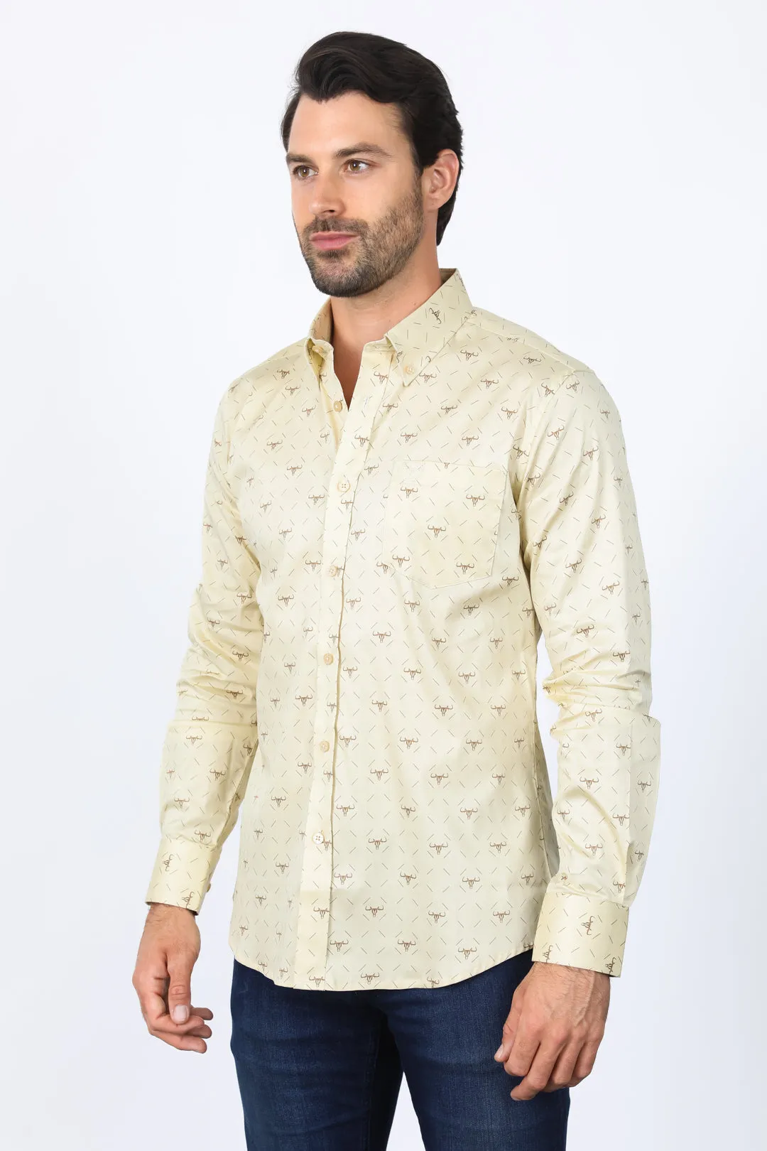 Mens Satin Cotton Modern Fit Beige Long Sleeve Shirt