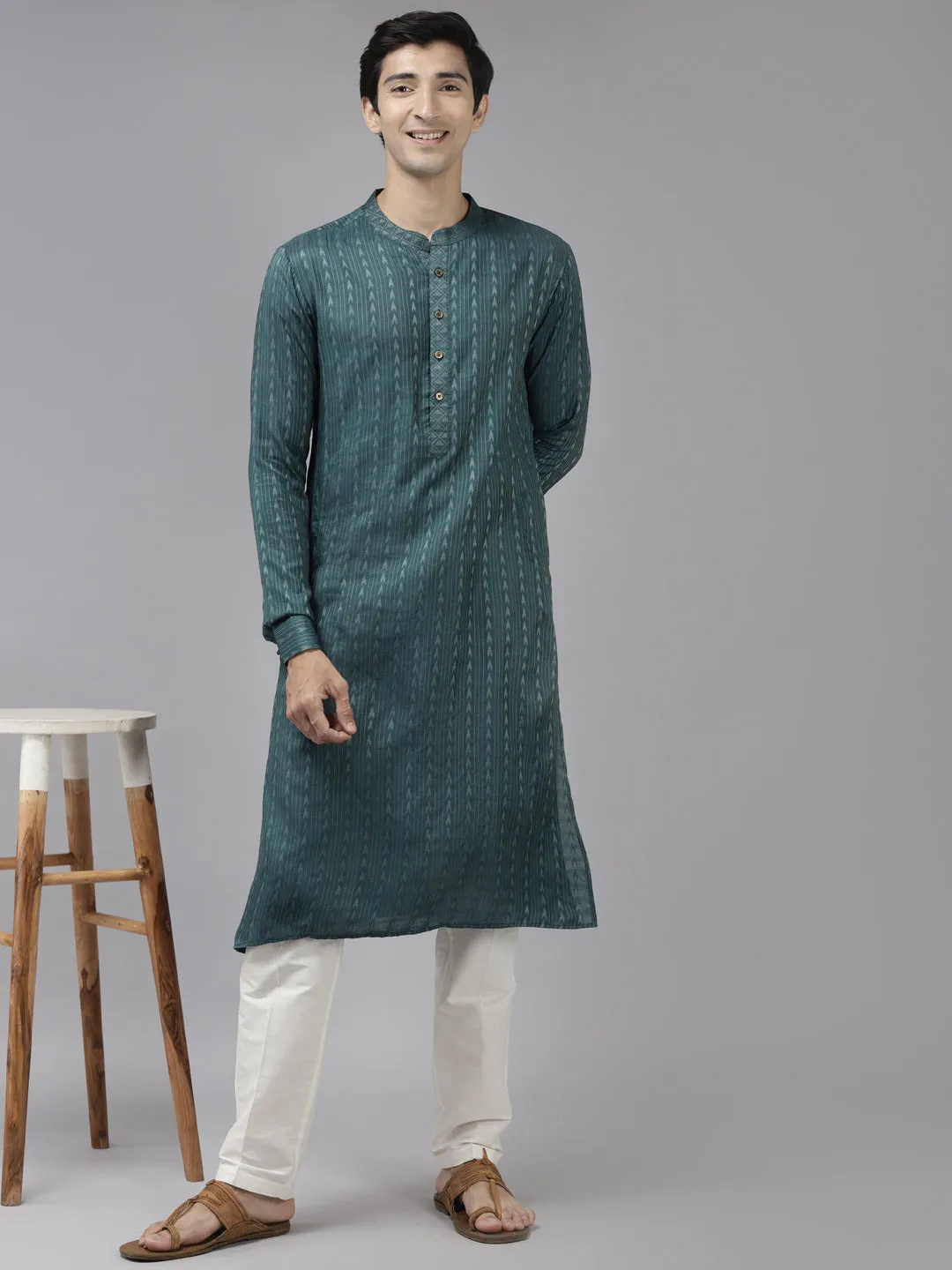 Men's Teal & Beige Woven Design Thread Work Kurta With Pyjama - See Designs