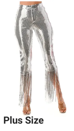 Metallic Silver Sequin Fringe Hem Pants - Plus Size