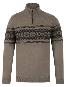 Moseph Quarter Zip Fair Isle Knit Funnel Neck Jumper in Taupe As Swatch - Kensington Eastside