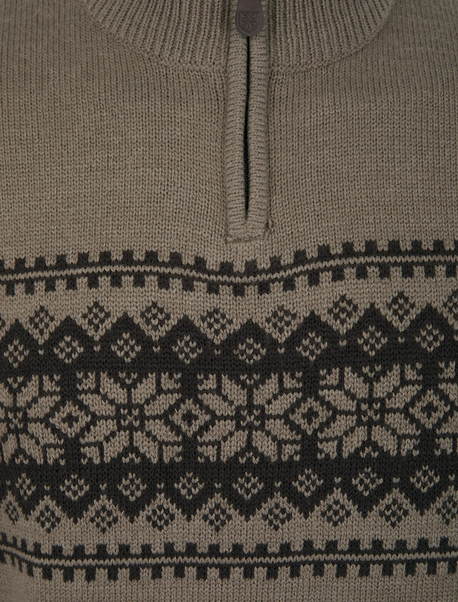 Moseph Quarter Zip Fair Isle Knit Funnel Neck Jumper in Taupe As Swatch - Kensington Eastside