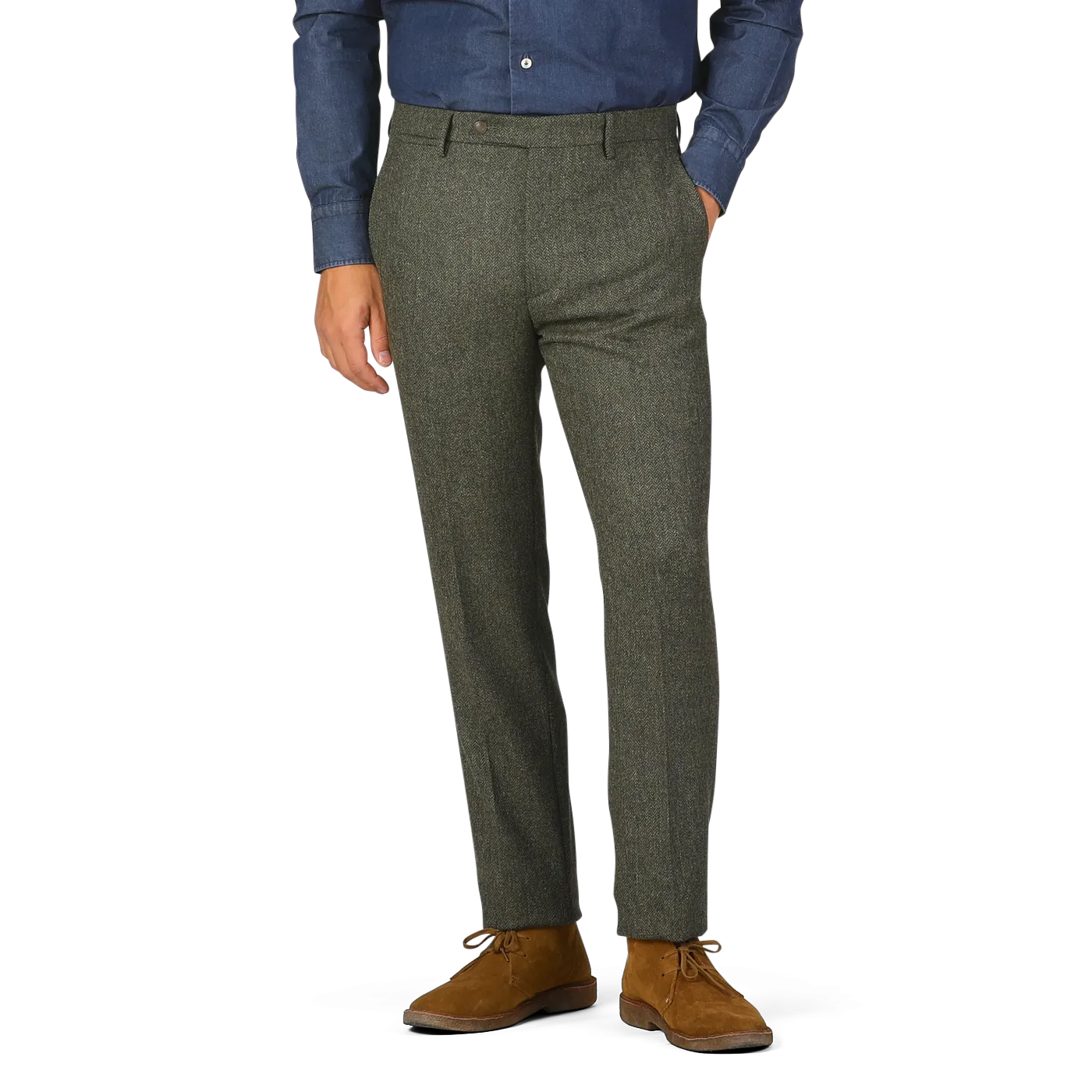 Moss Green Herringbone Wool Tweed Trousers