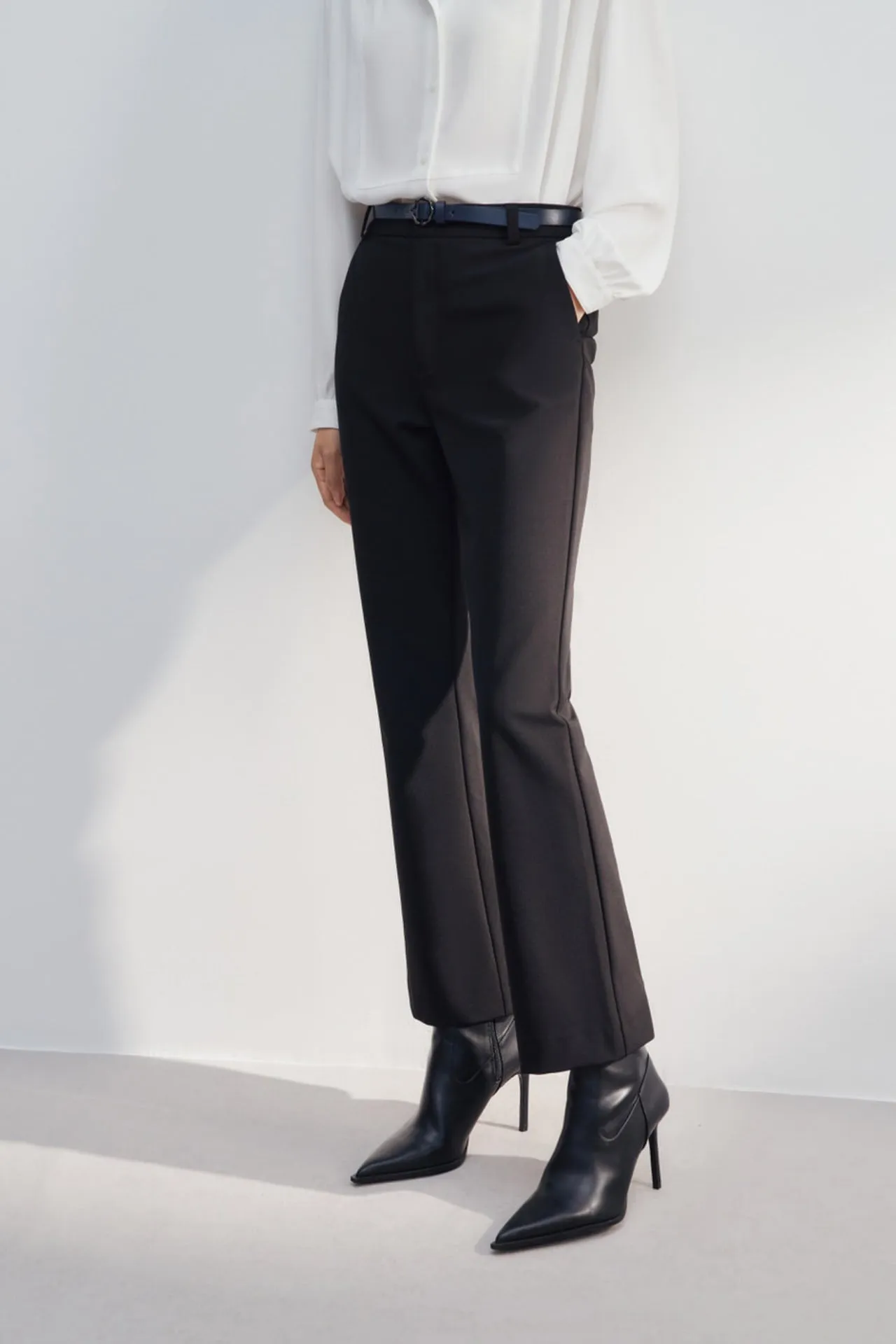 Multi-Way Stretch Plainwave Ankle Slim Boot Pants With Belt