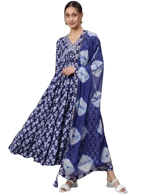 Navy Blue Viscose Rayon Floral Printed Anarkali Set with Dupatta