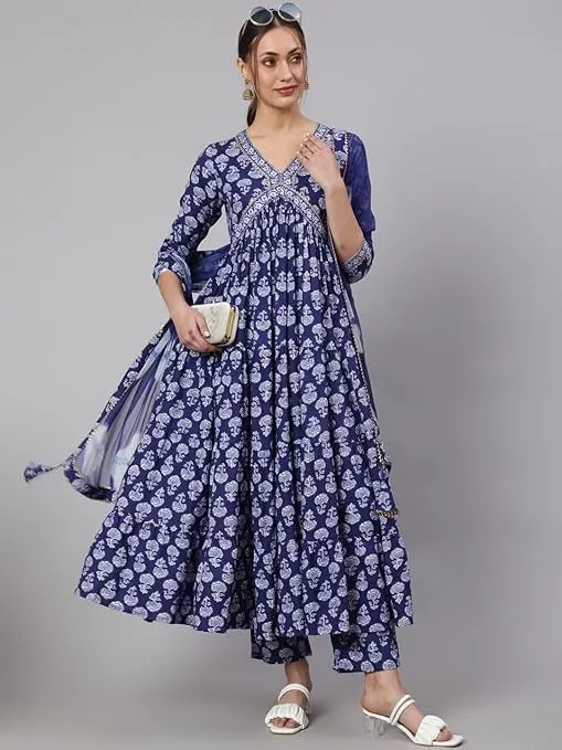 Navy Blue Viscose Rayon Floral Printed Anarkali Set with Dupatta