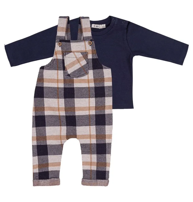 Navy Blue/Mustard Checkered Overalls w/LS Navy Top