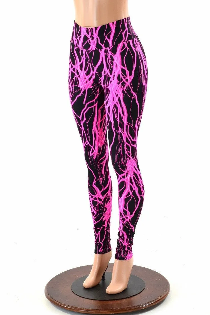 Neon Pink Lightning High Waist Leggings