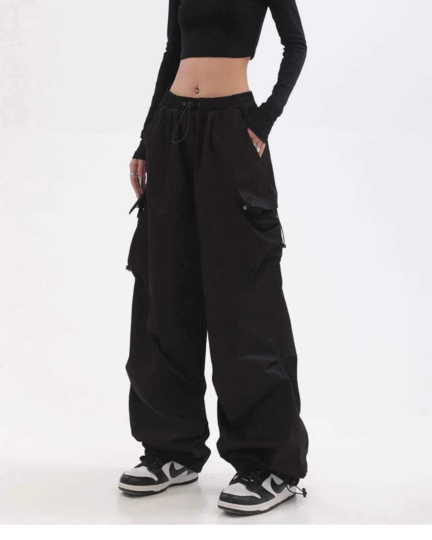 Neveah Solid Color Black Straight Leg High Waist Multi-Pocket Parachute Cargo Pants