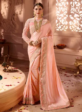 Peach Overall Chic Style Motif Embroidered  Designer Silk Saree