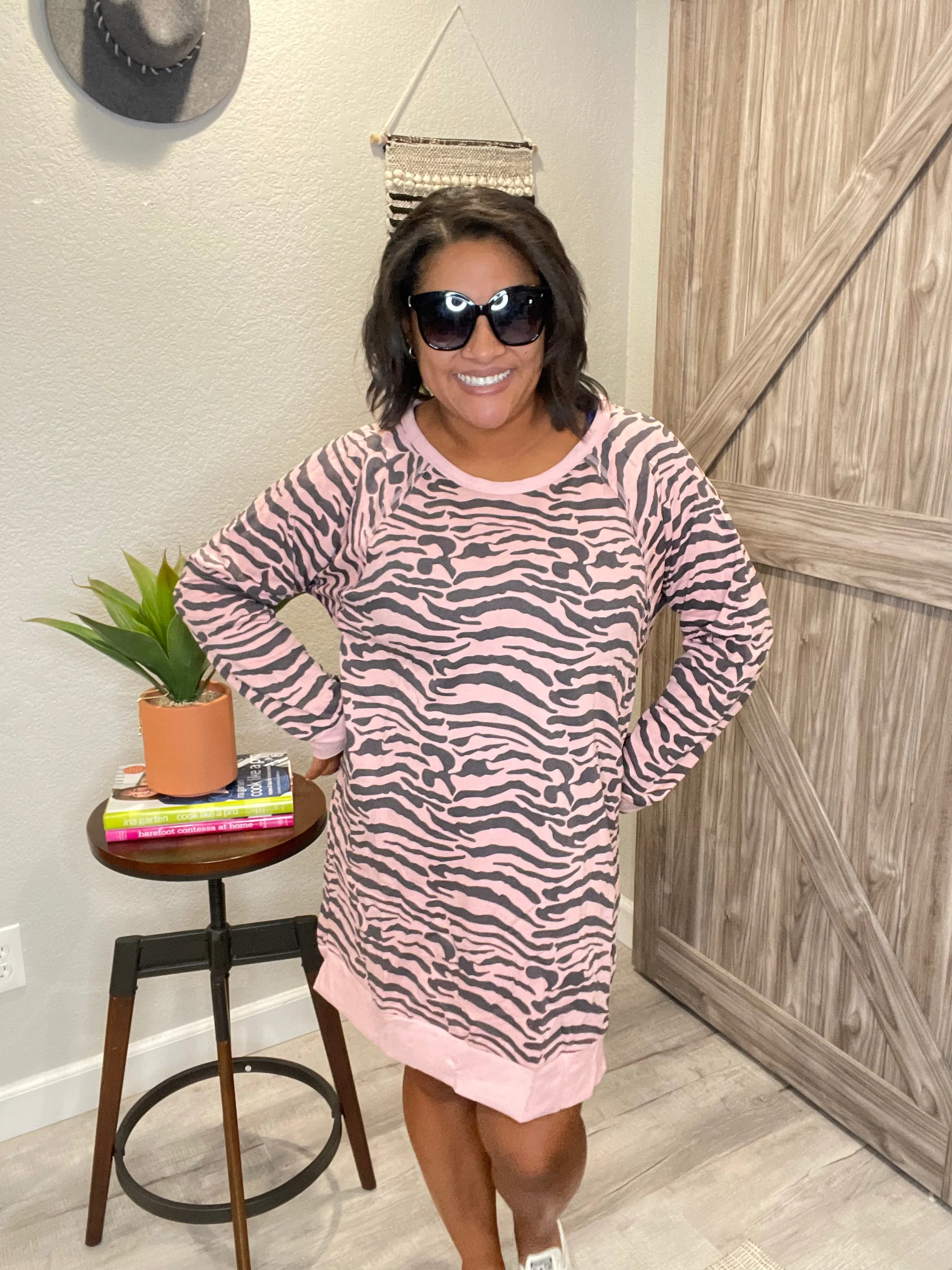 Pink & Grey Animal Print French Terry Sweatshirt Dress