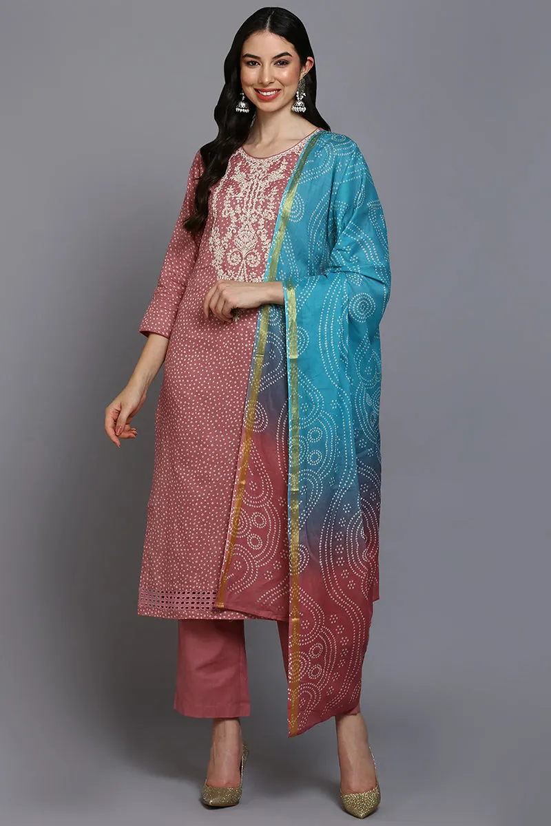 Pink Cotton Bandhani Straight Suit Set