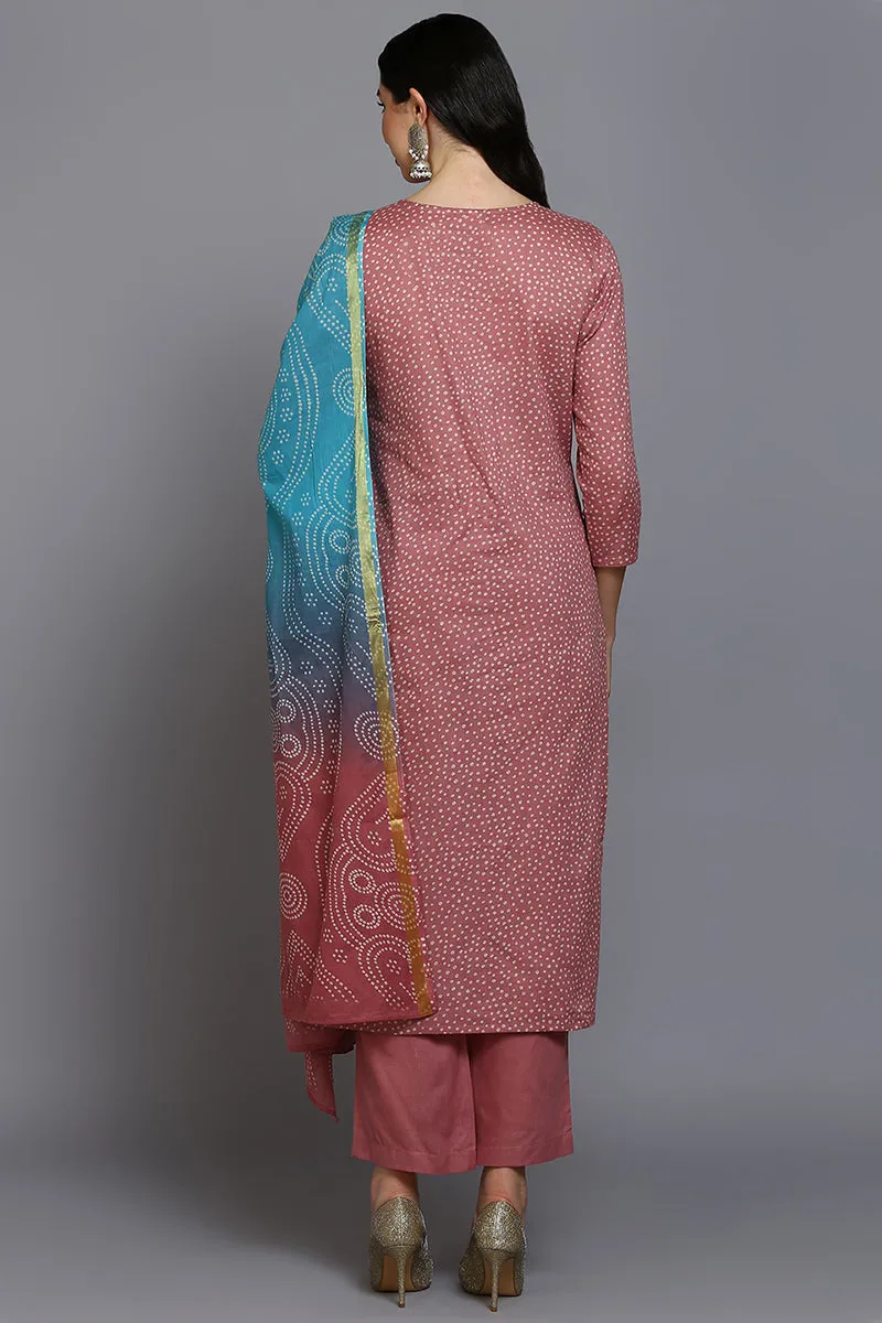 Pink Cotton Bandhani Straight Suit Set