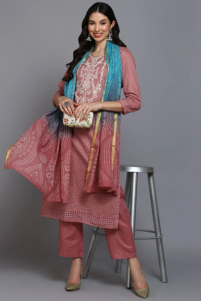 Pink Cotton Bandhani Straight Suit Set