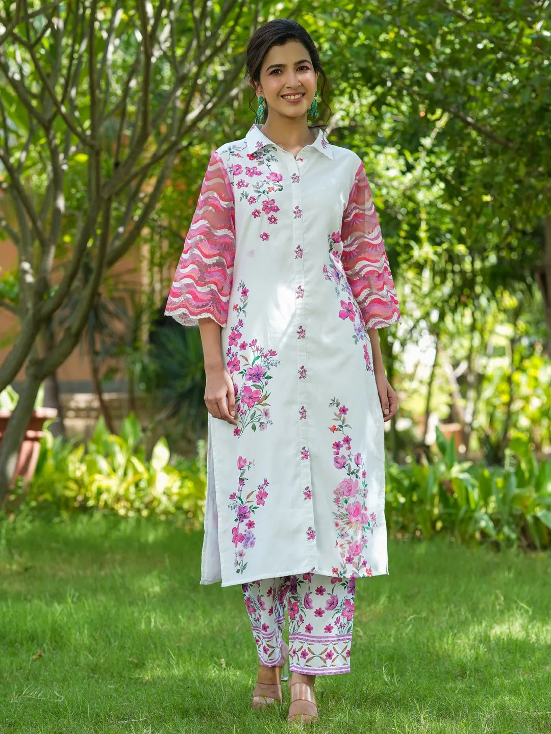 Pink Floral Printed Kurta With Trousers Co-Ords