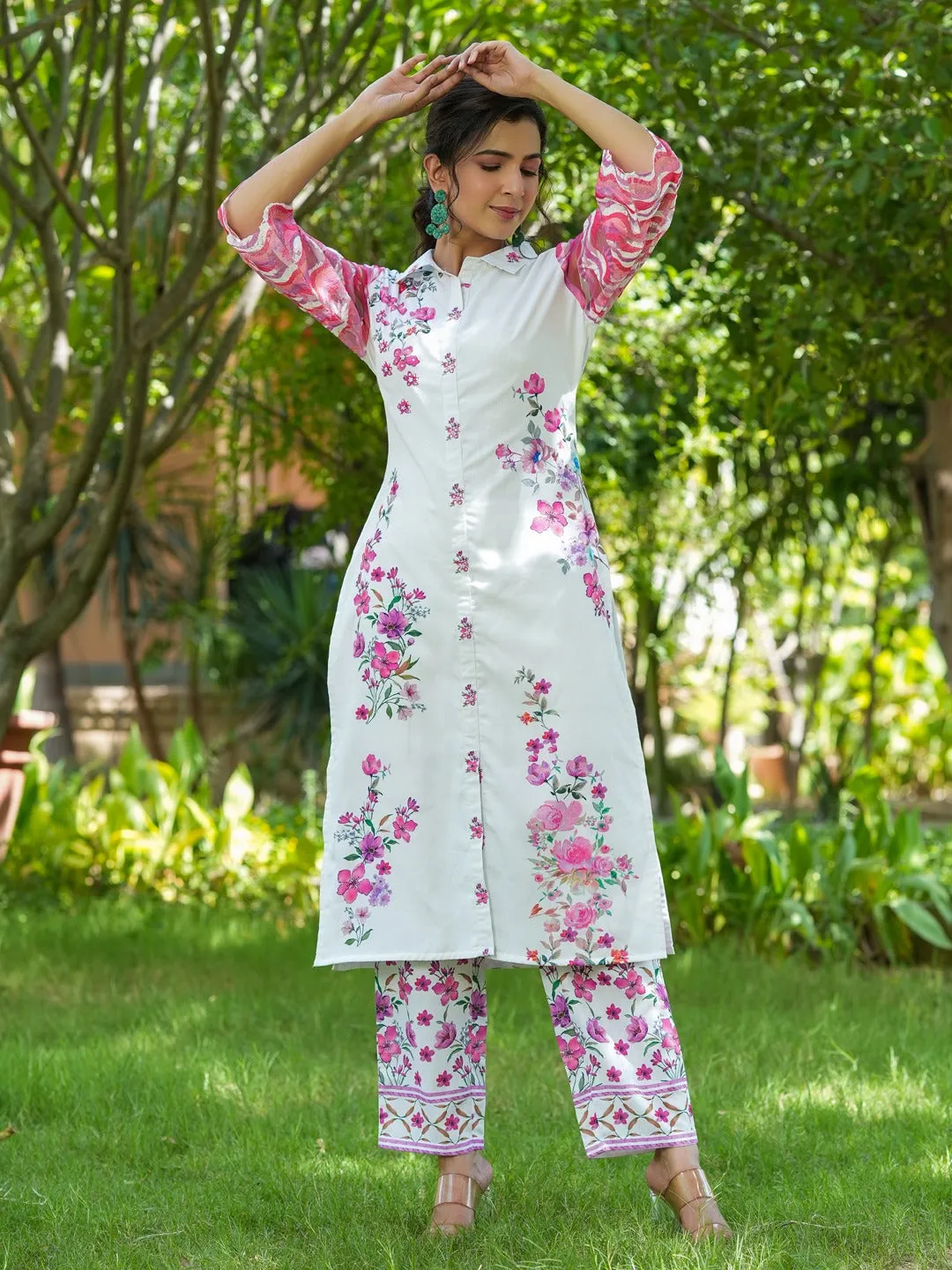 Pink Floral Printed Kurta With Trousers Co-Ords