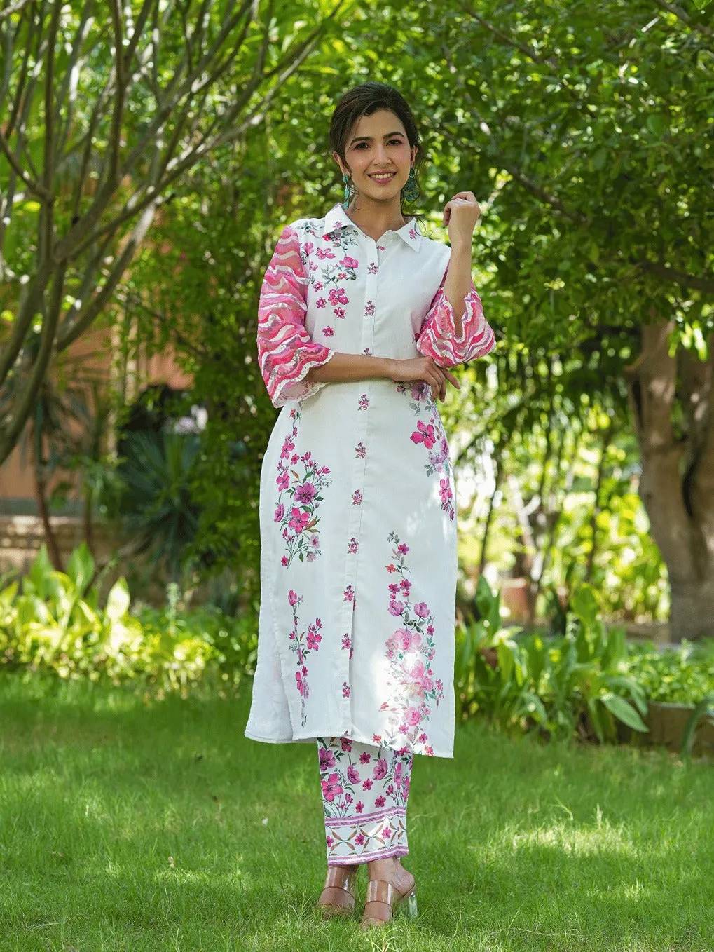 Pink Floral Printed Kurta With Trousers Co-Ords