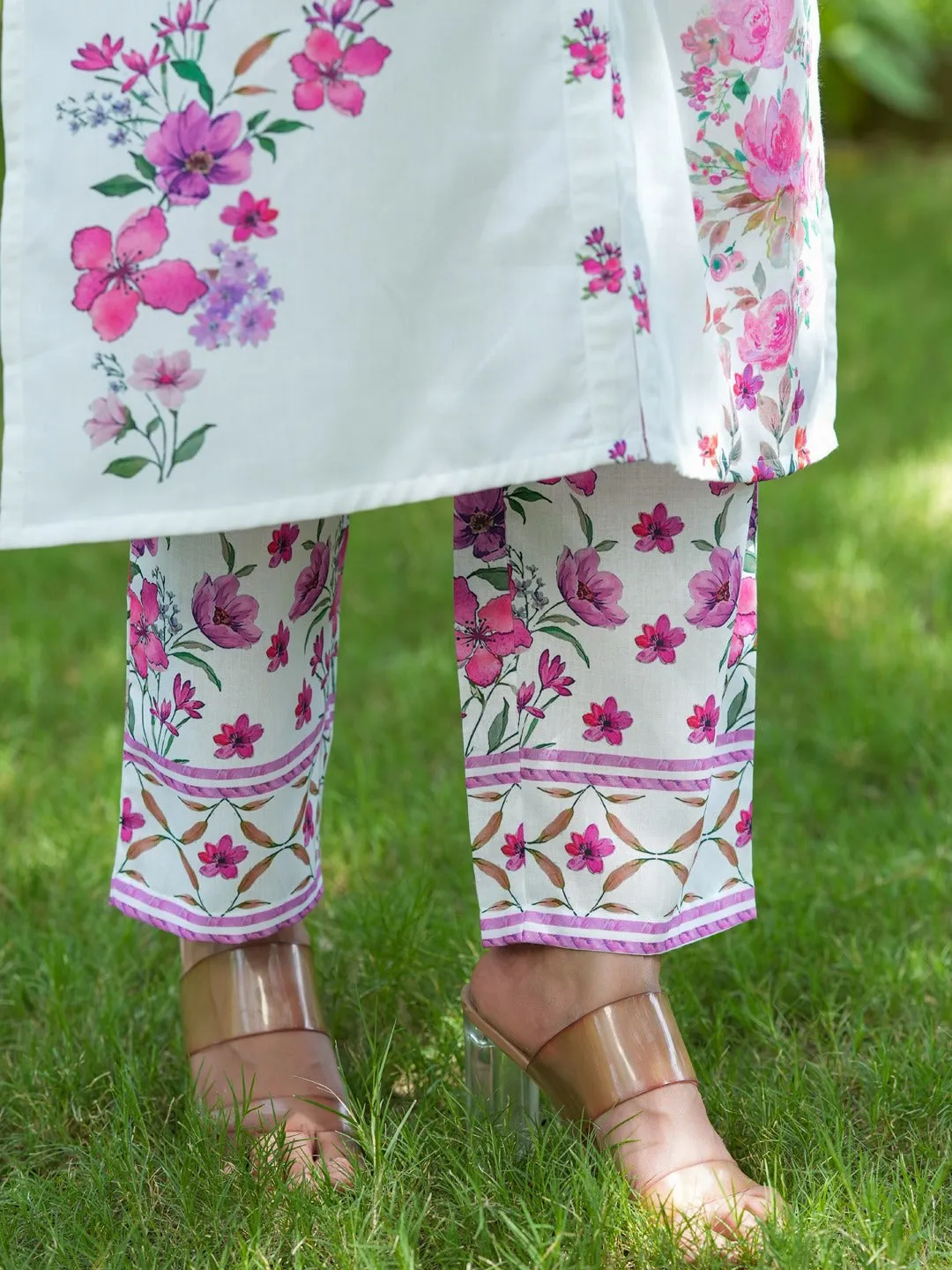 Pink Floral Printed Kurta With Trousers Co-Ords