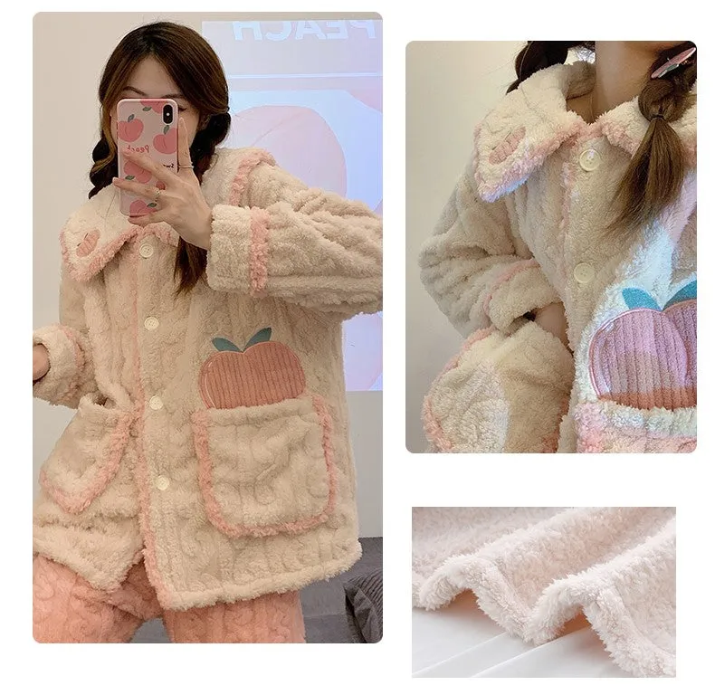 Pink Peach Plush Coral Fleece Winter Pajamas Tops & Pants Two Piece